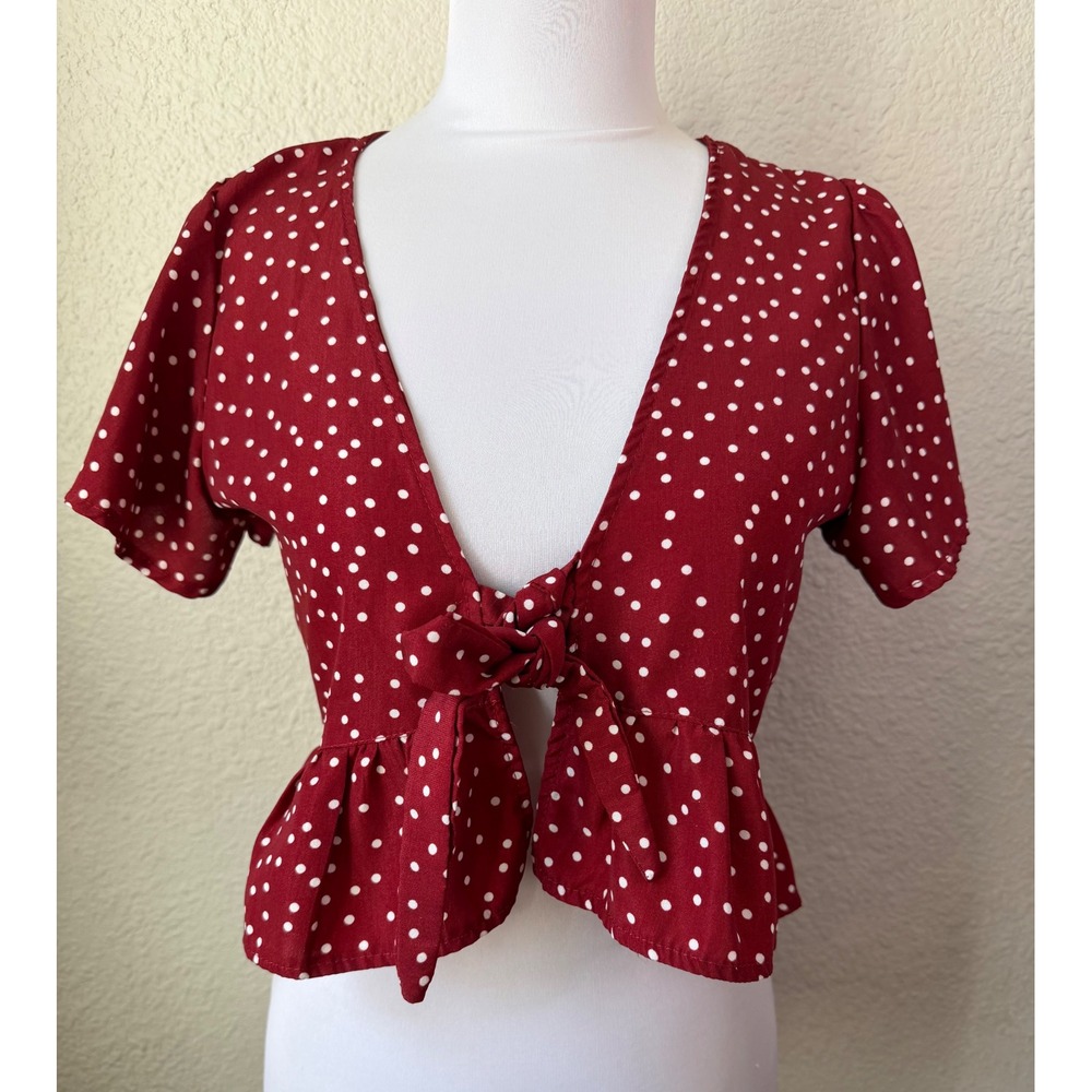 Womens Red Polka Dot Tie Front Peplum Crop Top‎ Short Sleeve V-Neck Small